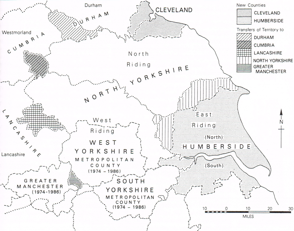 Map of the administrative areas of Yorkshire, 1974 - 1986