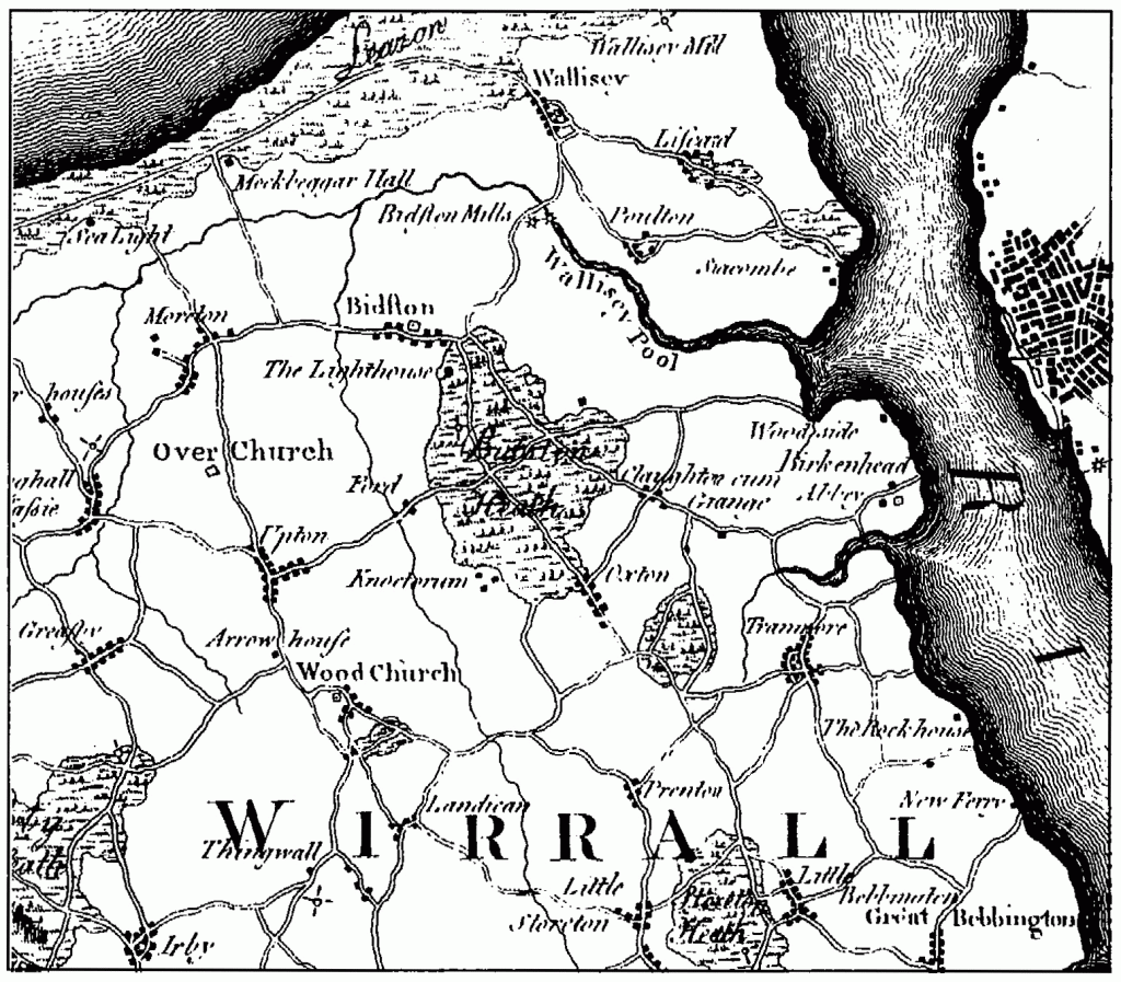 The countryside of the Wirral: Burdett's map, surveyed in 1772, shows the entirely rural landscape with almost no settlement in the area of the later town of Birkenhead