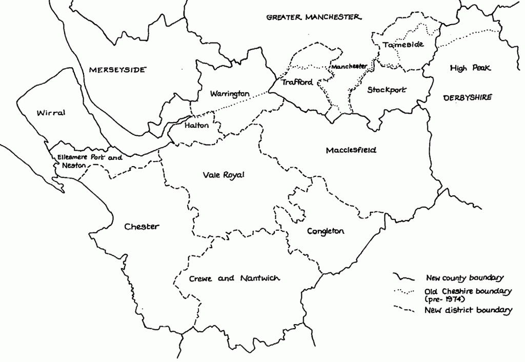 The local government map of Cheshire after 1974.