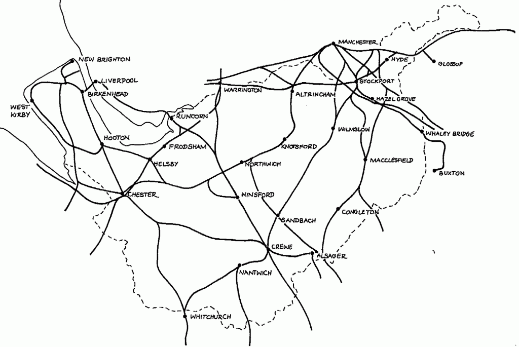 The railway network of Cheshire at its maximum extent.