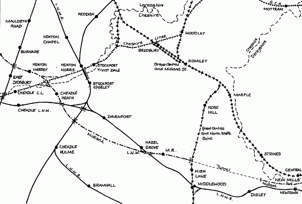 The geography of railway competition in 1913: the tangle of duplicated lines built by competing companies in the Stockport area.