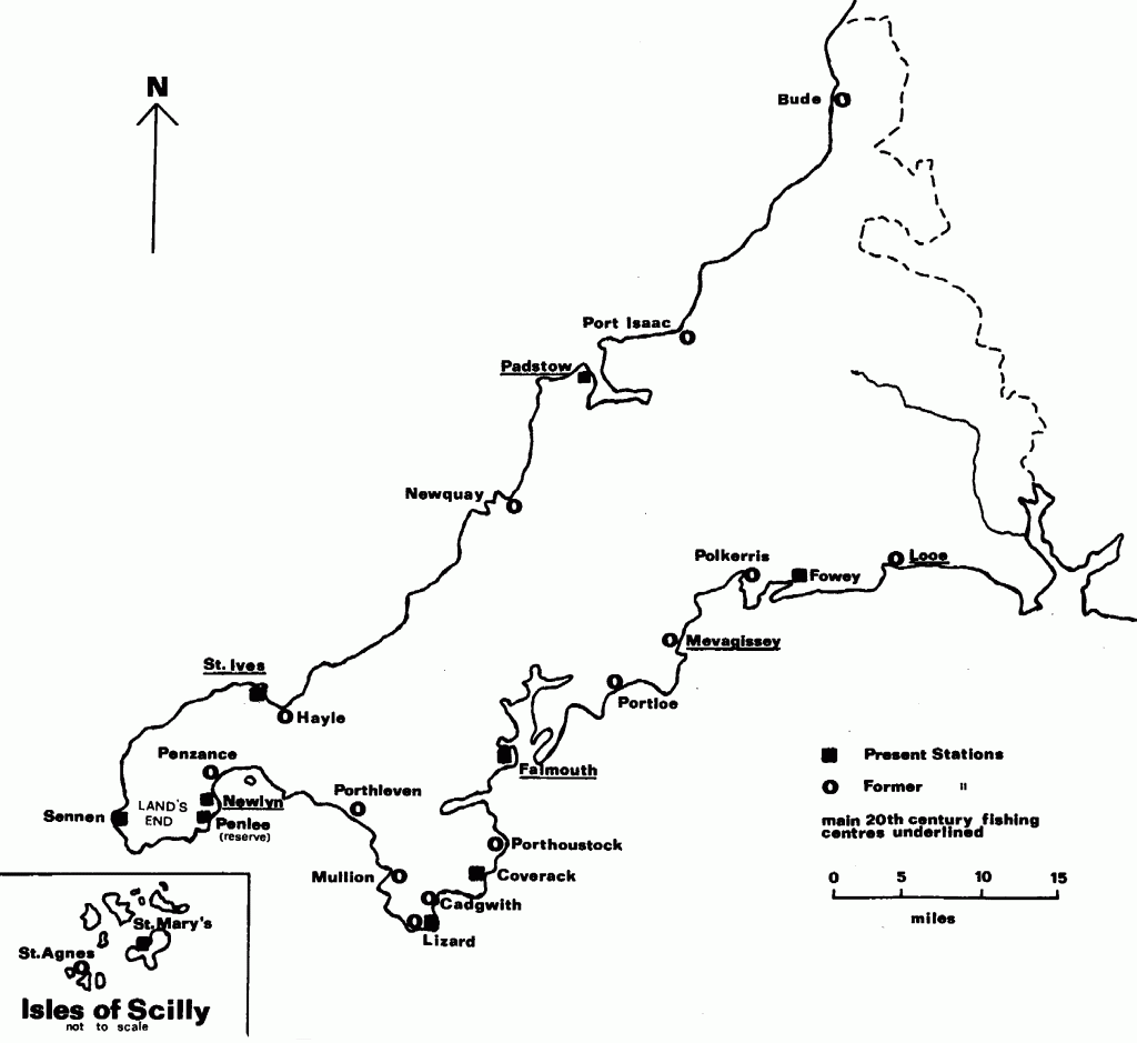 Maritime Cornwall, showing lifeboat stations and fishing centres.