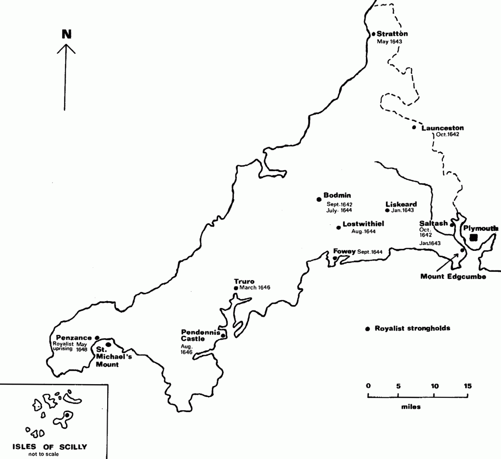 The Civil War in Cornwall, showing the main Royalist centres and dates of principal engagements